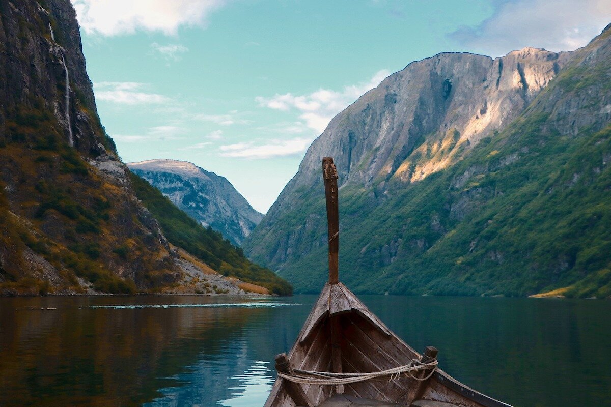 Viking boat in a fjord