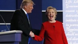 Donald Trump greets Democratic U.S. presidential nominee Hillary Clinton