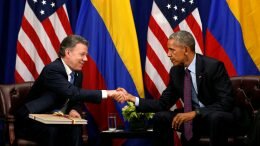 U.S. President Barack Obama shakes hands with Colombian President Juan Manual Santos
