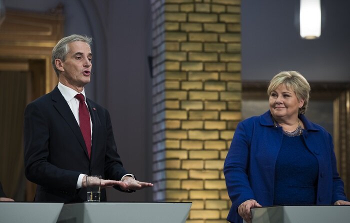 The party leaders Erna Solberg (H) and Jonas Gahr Støre (AP)