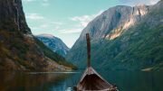Viking boat in a fjord